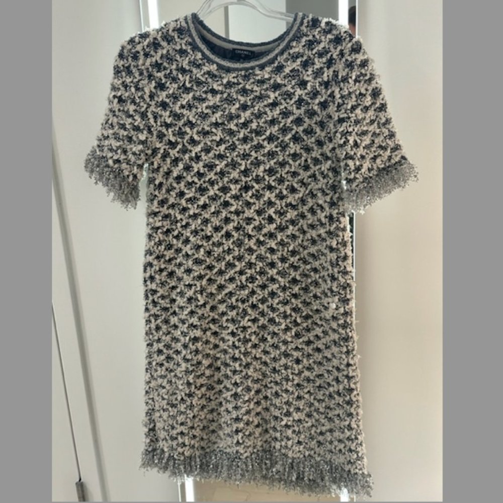 **CHANEL**  Iconic + Rare Shift Dress (Blue/Silver Fringe Tweed)